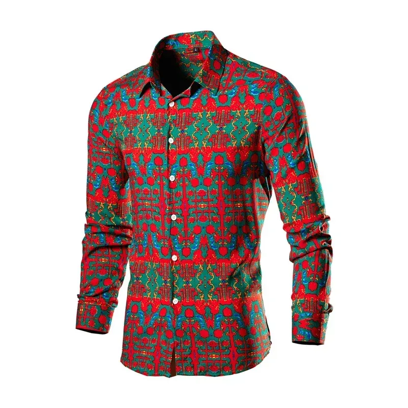 2025 New Men's Printed Long Sleeve Shirt, Single Breasted Lapel Shirt, Green, Black, White, Casual Shirt Asia Size S-5XL
