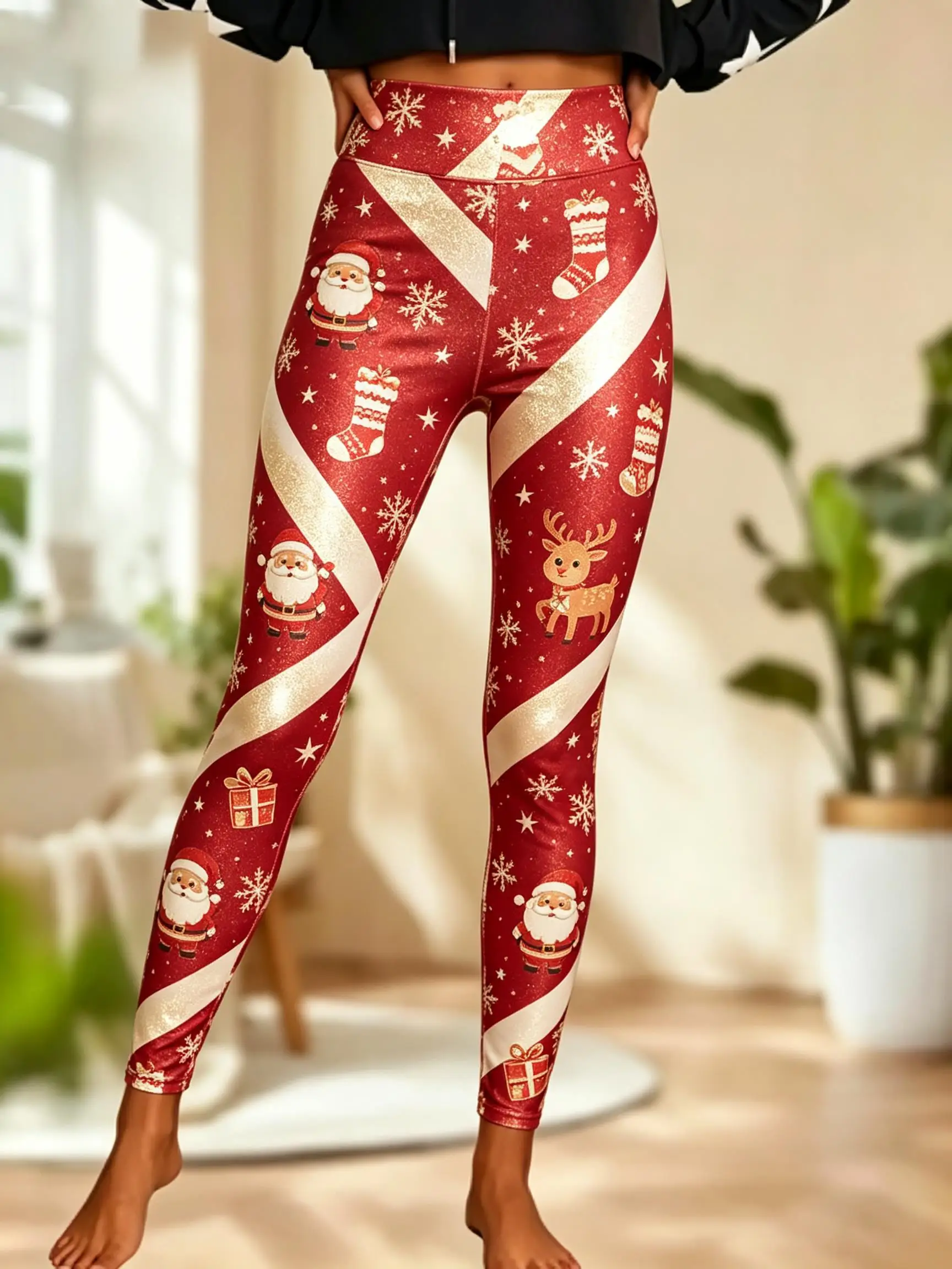 Women Mid Waist Fleece Lined Leggings Christmas Santa Gingerbread Man Gift Candy Cane Print Slim Stretch Holiday Trousers - view 4