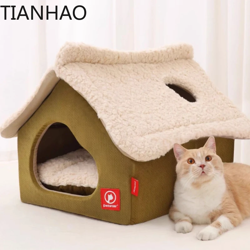 Semi-Enclosed Insulated Cat House for Indoor Outdoor Use Winter Warm Pet Shelter Removable Washable 3D Windproof Feline Villa