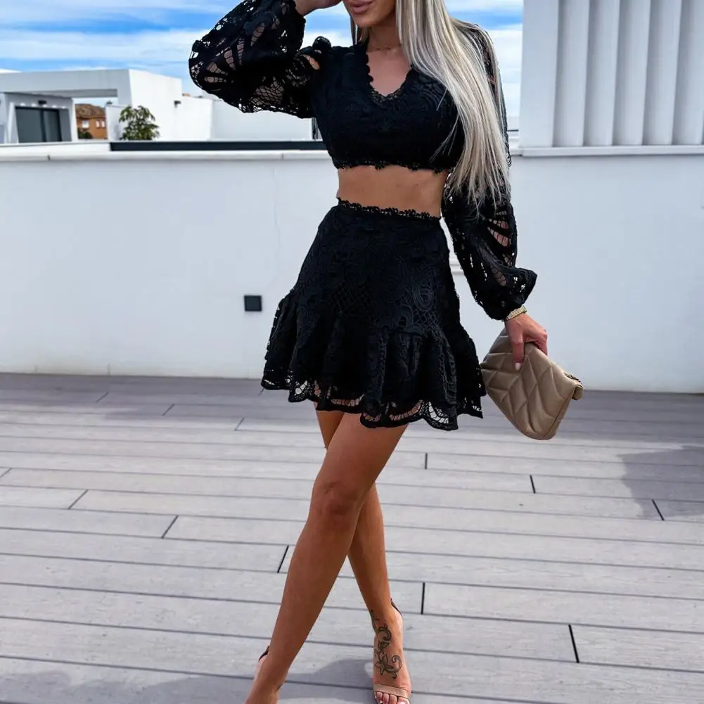 Lantern Sleeves Lace Crop Top Skirts 2 Pcs Set Sexy Slim Summer High Waist Outfit See-through Ruffle Mini Shirt Bra Tops 90s