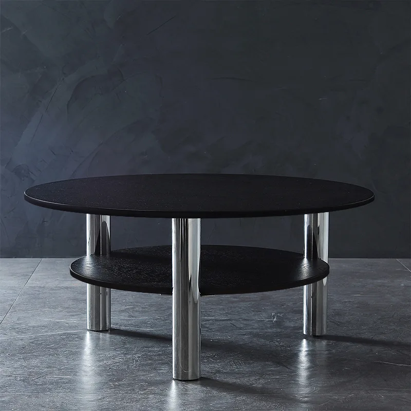 

Tea table, circular, double-layer, medieval living room, small unit, stainless steel coffee table, black tea table