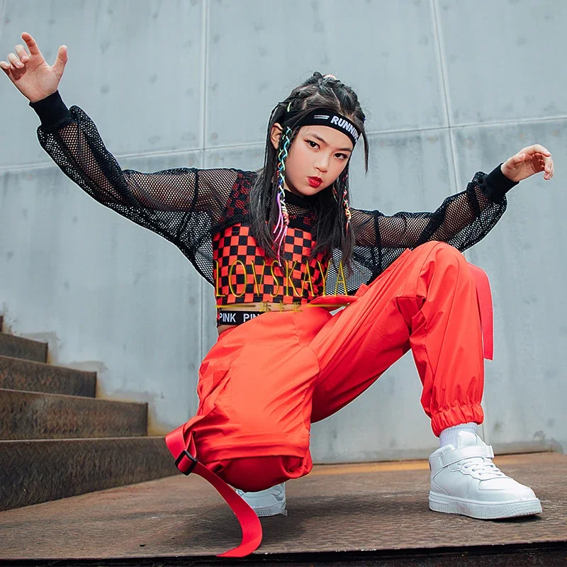 Red Lattice Vest Loose Cargo Pants Net Tops For Girls Clothes Jazz Show Stage Kids Hip Hop Street