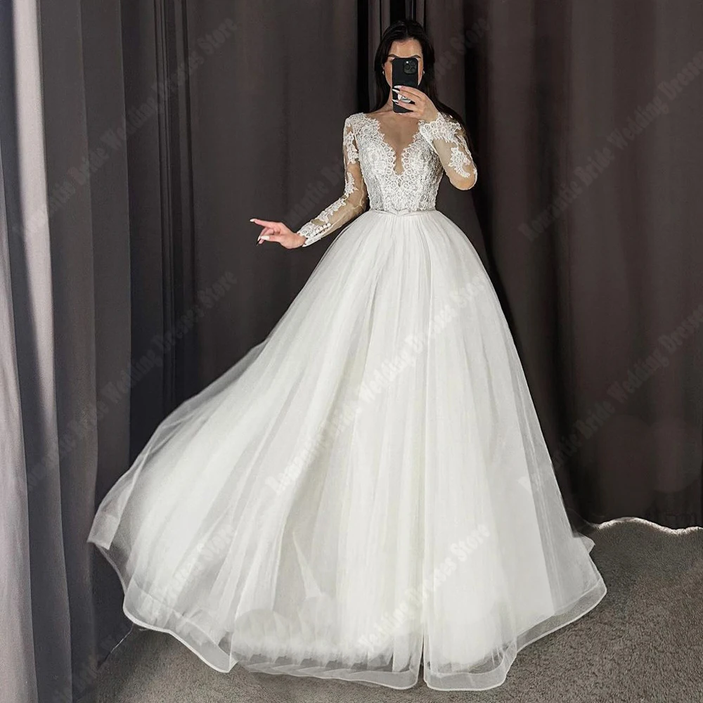 

Elegant Lace Long Sleeves A-Line Women Wedding Dresses Lace Printing Bridal Gowns Mopping Length Ball Princess Vestidos De Novia