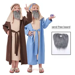 Umorden Kids Child Middle East Arab Arabian Elder Costume for Boys Shepherd Cosplay Robe With Beard 3-16Y Tween Teens 2 Color