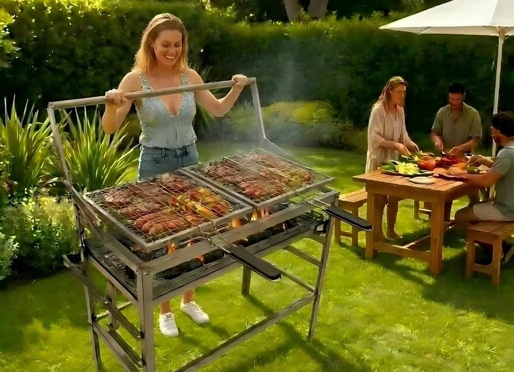 304 Stainless Steel Charcoal Grill, Double Basket 180 Rotating Design, Heavy Duty BBQ Stove for Outdoor Camping Family Party