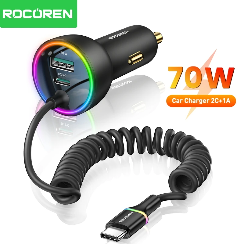 Image of Rocoren 70W Schnellladegerät PD 35W USB-C Autoladegerät mit Spiralladekabel Typ C Autoladegerät USB-Autoladegerät für iPhone Xiaomi