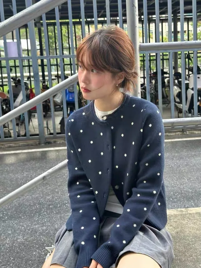 الكورية Sle لينة موجة نقطة محبوك سترة مفتوحة المرأة الخريف الشتاء جديد Sle k الأزرق جولة Ne زر سترة Jaet V... #2