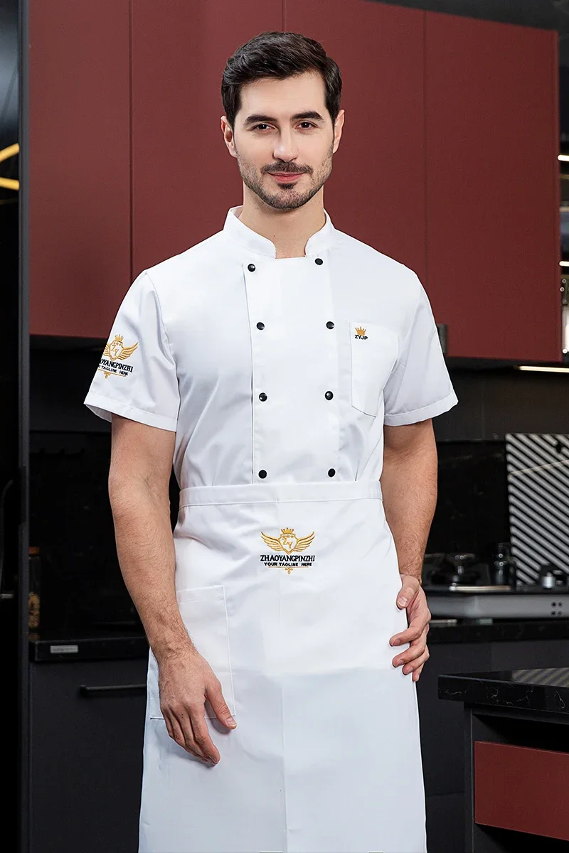 Uniforme de chef blanco de manga corta, uniforme de restaurante negro, panadería, servicio de comida, abrigo de Chef doble transpirable, camisa, ropa de cocina