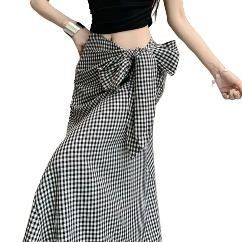 

Fashion Sexy Front Bowtie Skirts For Women High Waist Skirt Elegant A Line Plaid Skirt Women Long Summer Saia Feminina
