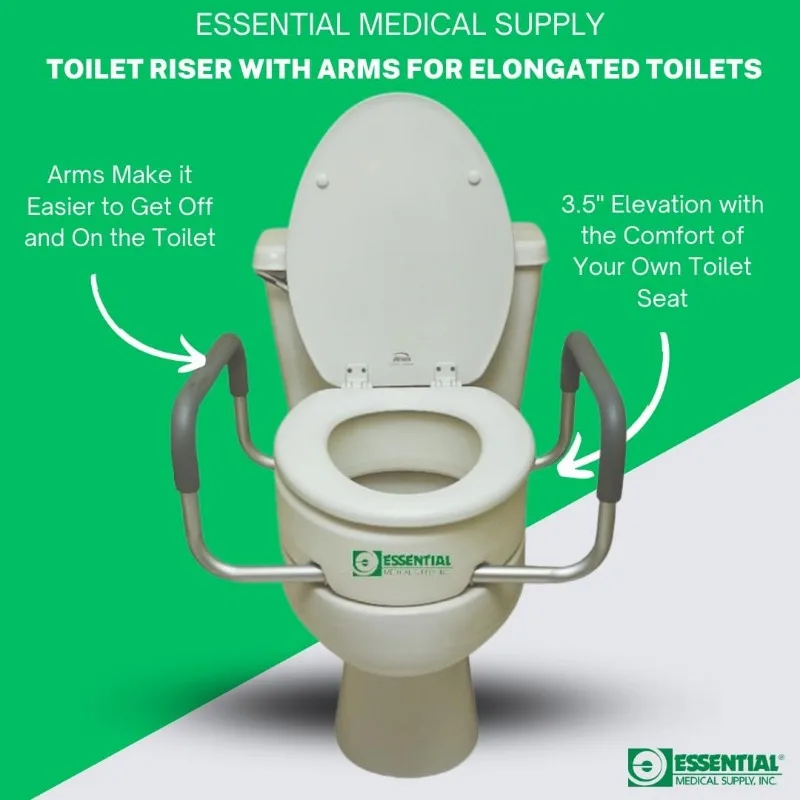 Raised Elevated Toilet Seat Riser for an Elongated Toilet with Padded Aluminum Arms for Support