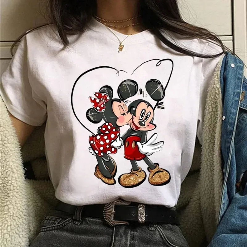 2024 Fashion Mickey Minnie Mouse Disney T-shirt Home Matching Clothing Summer Short sleeved White Casual Kawaii Cotton T-shirt