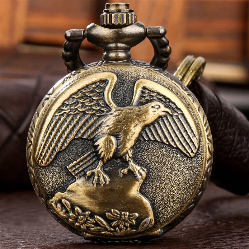 Antique Style Small Size Watch Full Hunter Carved Eagle Pattern Men Women Quartz Analog Pocket Watches Pendant Key Ring Clock