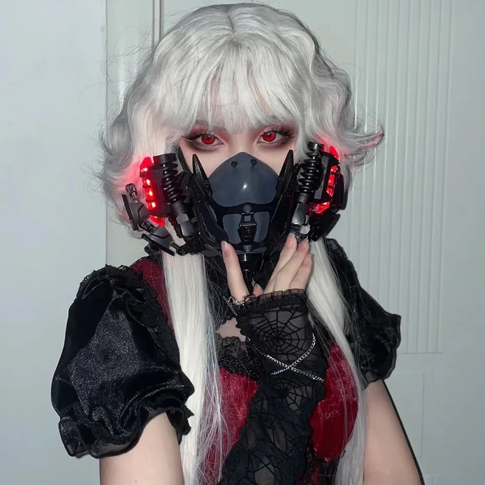 قناع نصف قناع الخيال العلمي للهالوين، قناع فلاش، زي تنكري LED، دعائم باعثة للضوء، ملحقات قناع الخيال العلمي الميكانيكي (أزرق)