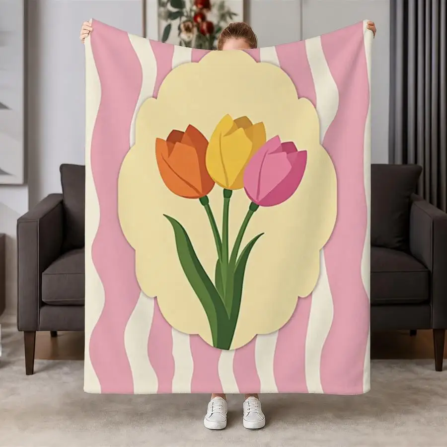 Retro Tulip Bouquet Flannel Throw Blanket - Soft Warm Weighted Bedspread Suitable for Couch, Bed, Office & Travel, Machine Washable - Bedding Gift with Wavy Stripes, Cozy Spring Decor for &, Multicolor Tulip, 2D Flat
