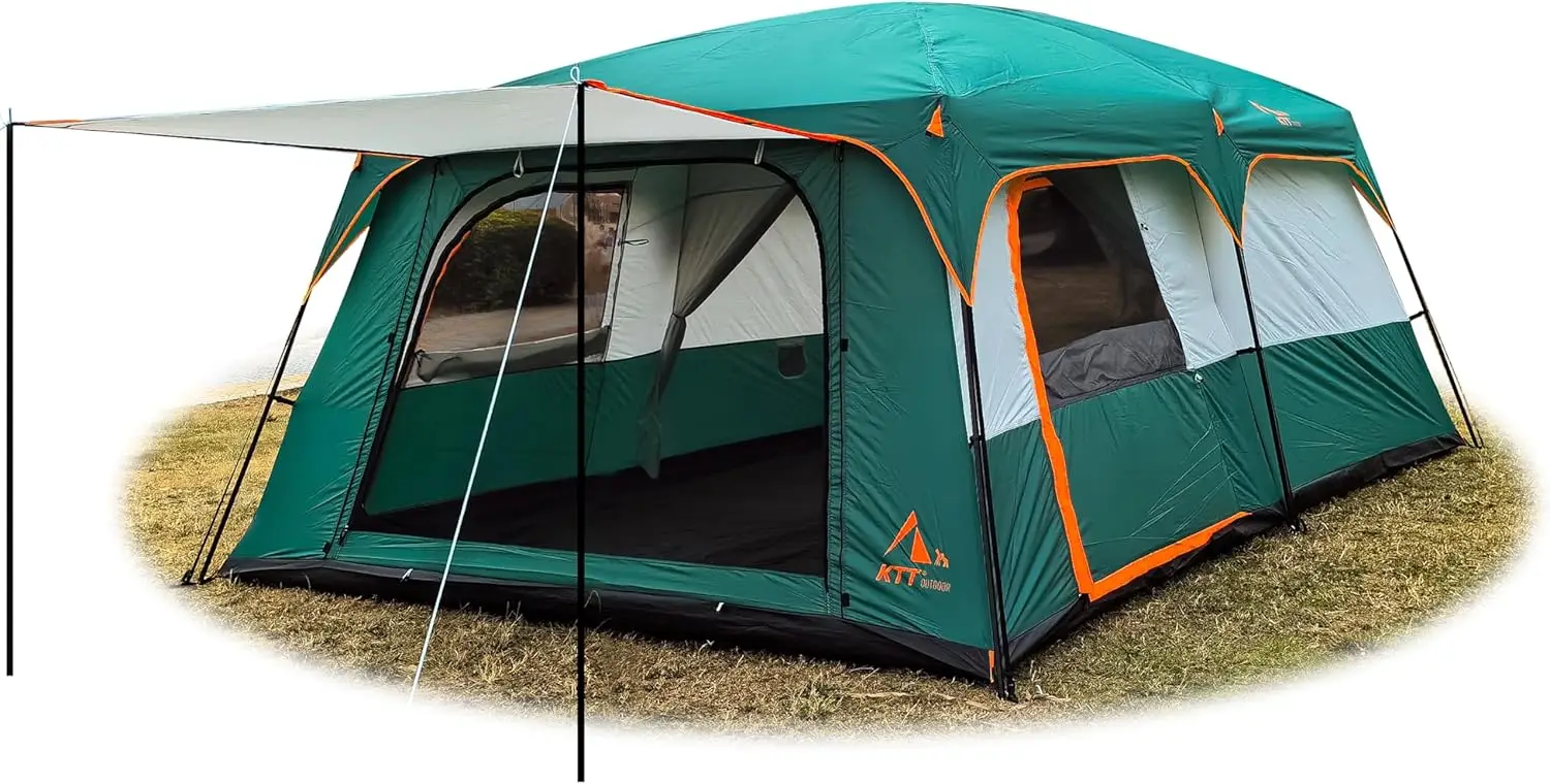 KTT Extra Large Tent 10-12-14 Person(Style-B),Family Cabin Tents,2 Rooms,3 Doors and 3 Windows with Mesh,Straight Wall,Waterproo