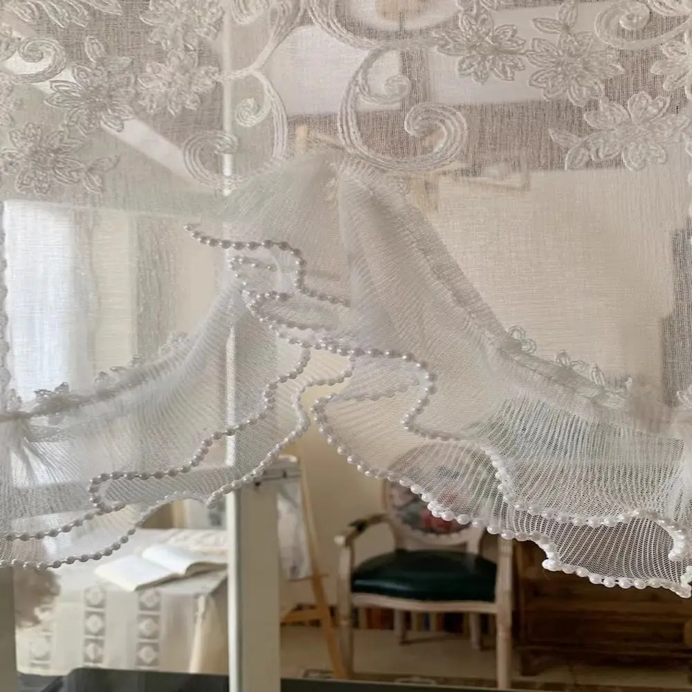 Embroidered Ruffled Lace Short Sheer Curtain Double Pearls Lace Bottom Rod Pocket/Hook/magic Tape White Gauze Window Valance