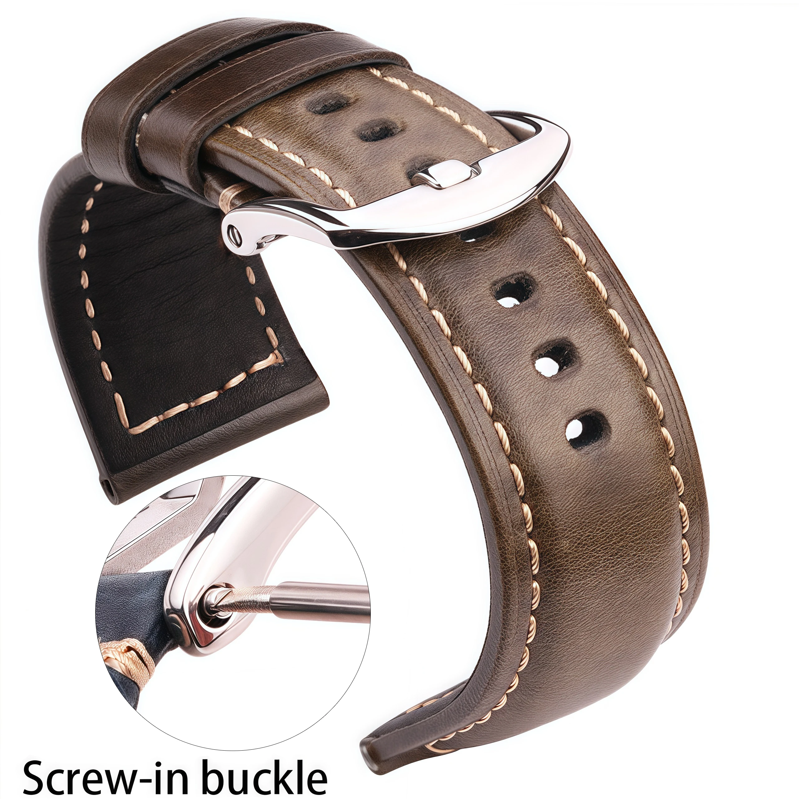 

20mm 22mm 24mm 26mm First Layer Oil Wax Cowhide Padded Leather Watch Strap Screw-in Stainless Buckle Vintage Style Band