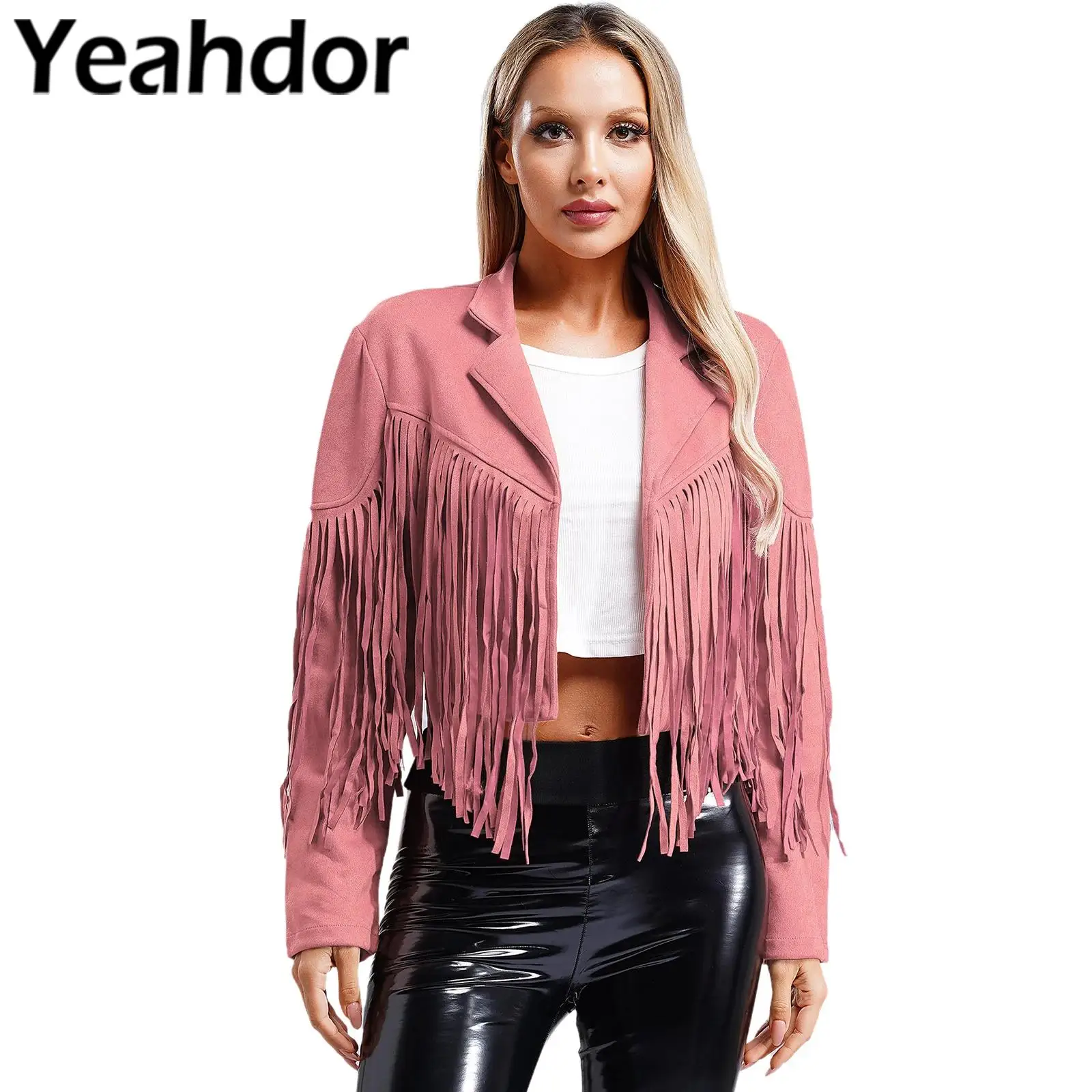 Womens Fringe Faux Suede Cropped Jackets 80s Hippie Coat Lapel Long Sleeve Open Front Cardigan Party Cowgirl Costume Outerwear