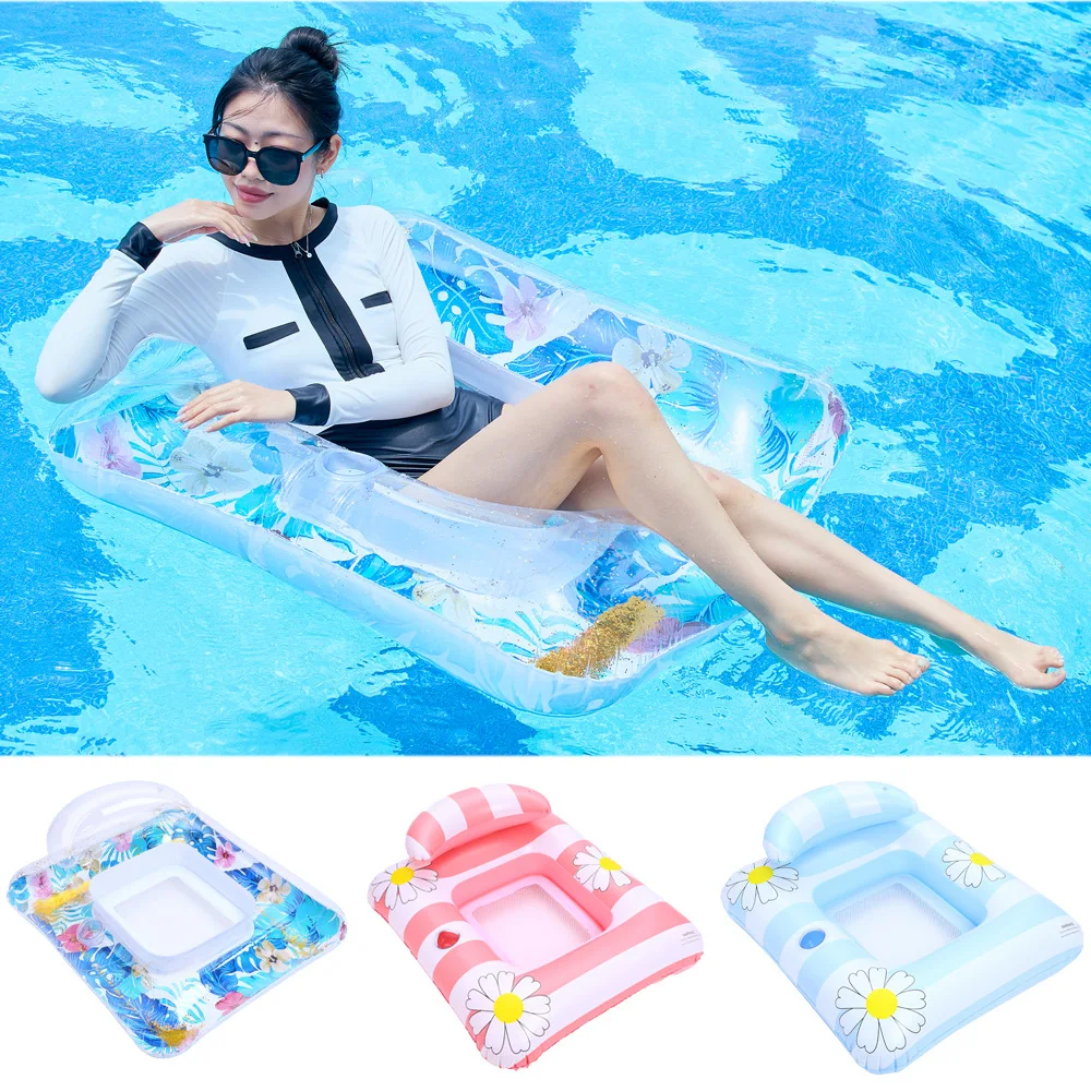 Inflatable Sequin Water Floating Bed with Mesh  Adults Lounge Chair Swimming Pool Float PVC Floating Raft Beach Water Party Toy