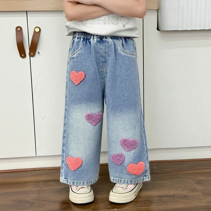 Girls' Jeans Straight Loose Washed-out Soft Denim Autumn New Baby Girl All-Matching Wide-Leg Pants