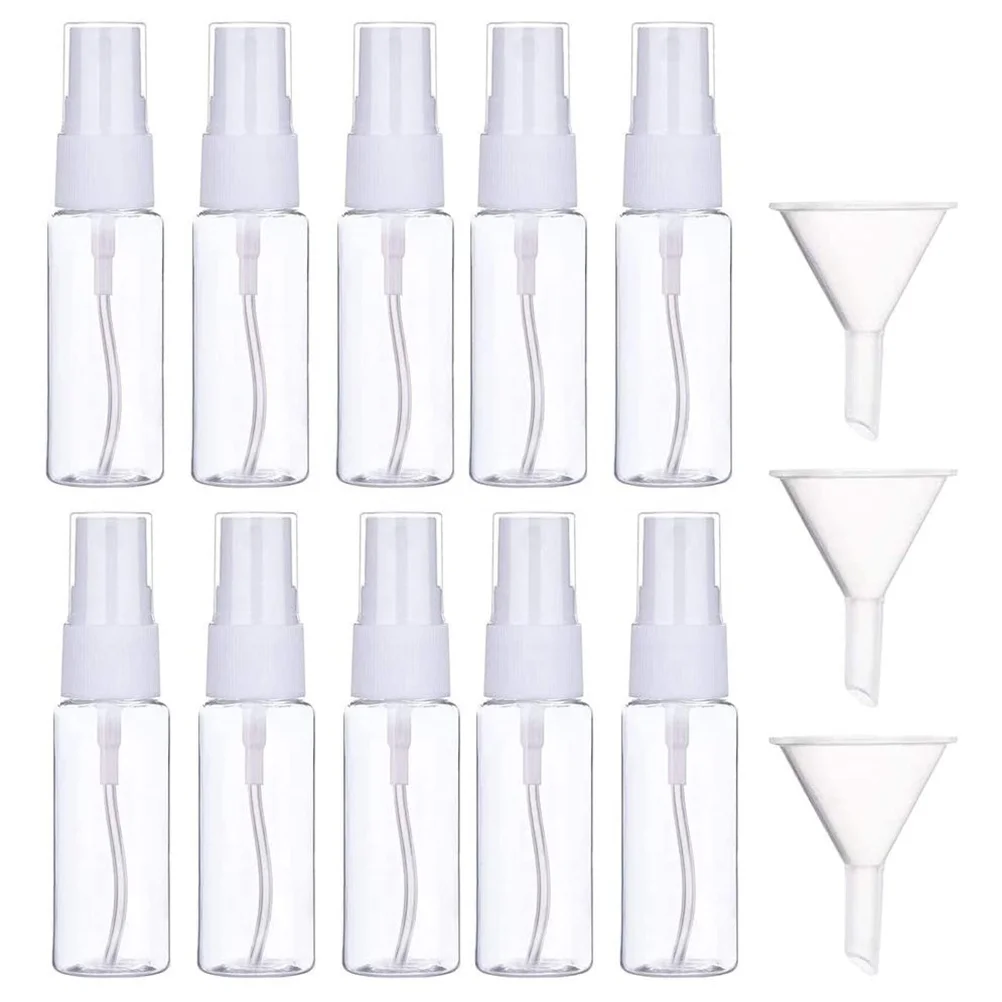 10 peças de plástico mini garrafa de armazenamento transparente suporte externo com 3 peças de funil (30ml) vazio recarregável