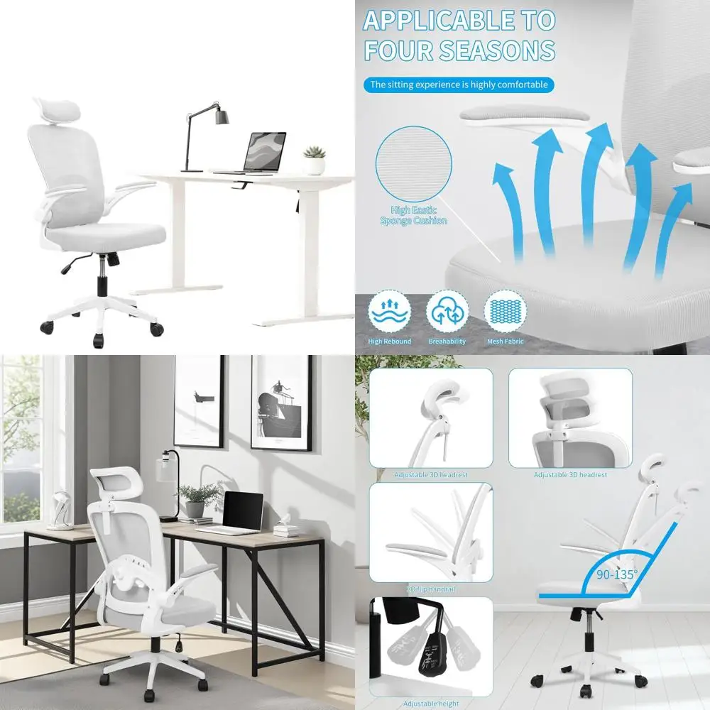 

Эргономичное офисное кресло с сетчатой спинкой, регулируемой поясничной опорой, подголовником и откидными подлокотниками для домашнего офиса (белое)