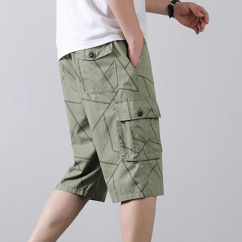 

Pop Men Summer New Men Cotton Cargo Shorts Mens Casual Zipper Pocket Joggers Shorts Elastic Waist Quick Dry Fashion Shorts Male
