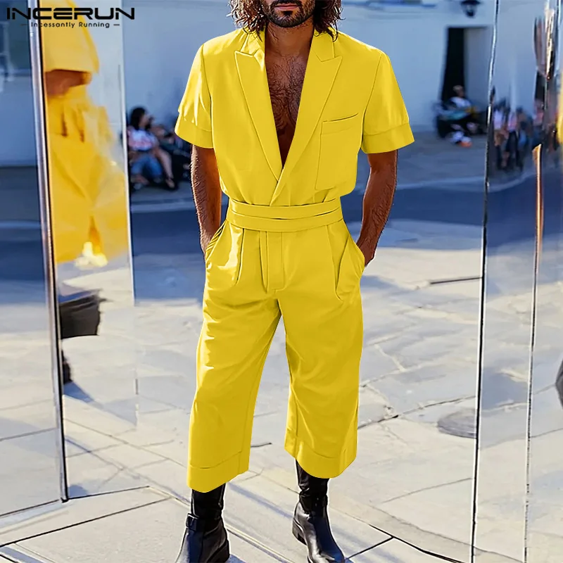 INCERUN hommes combinaisons couleur unie revers à manches courtes homme Blazer barboteuses Streetwear 2025 été ample mode salopette S-5XL