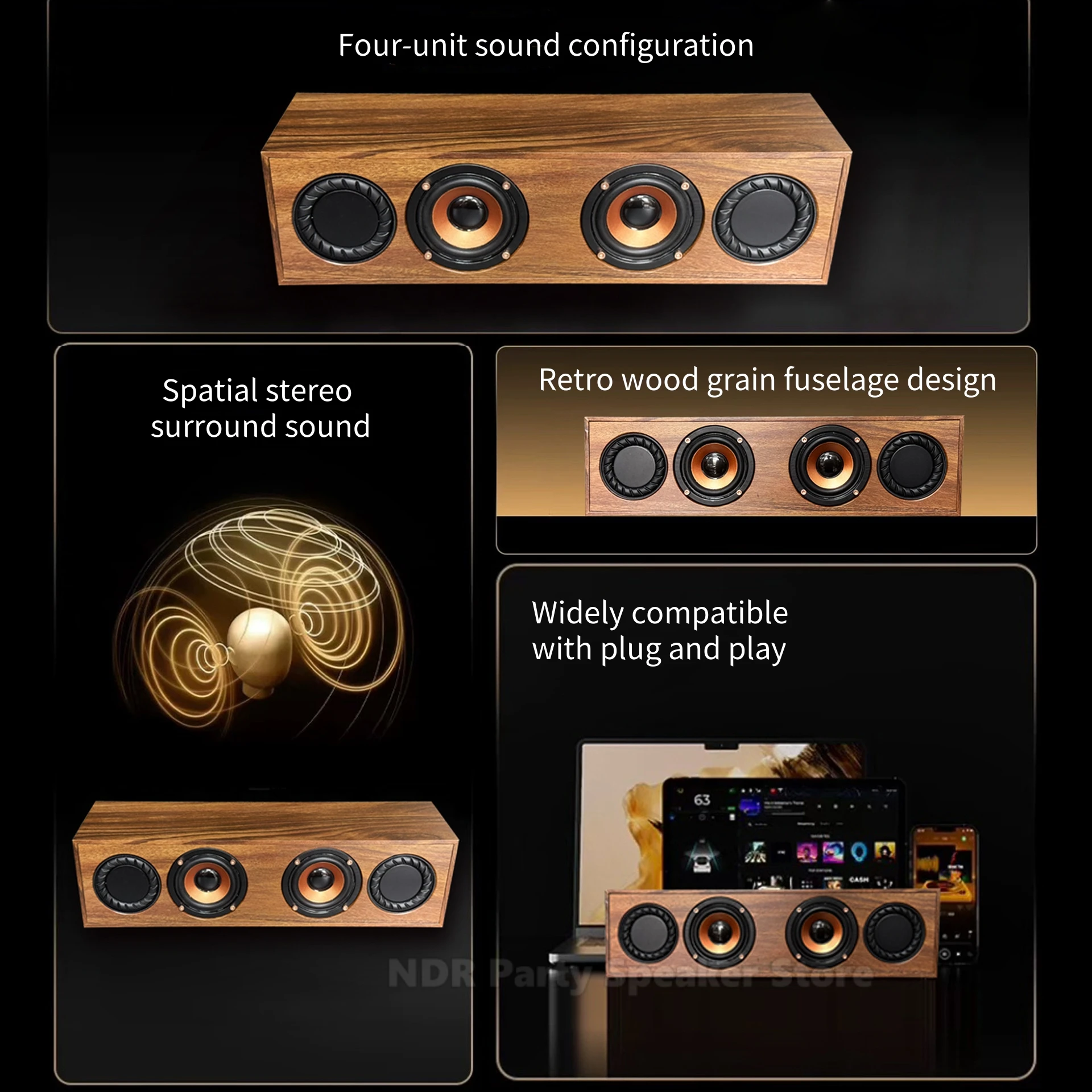 Portable Wireless Wooden Computer Audio Desktop Mega Bass Bluetooth 5.3 HIFI Game Speakers 4-unit Stereo Surround Sound Box