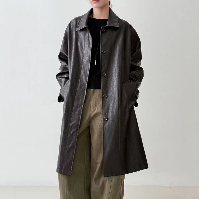 Hksh primavera outono novas mulheres longas jaqueta de couro do plutônio turn-down colarinho único breasted versátil high-end chique trench coat hk12882