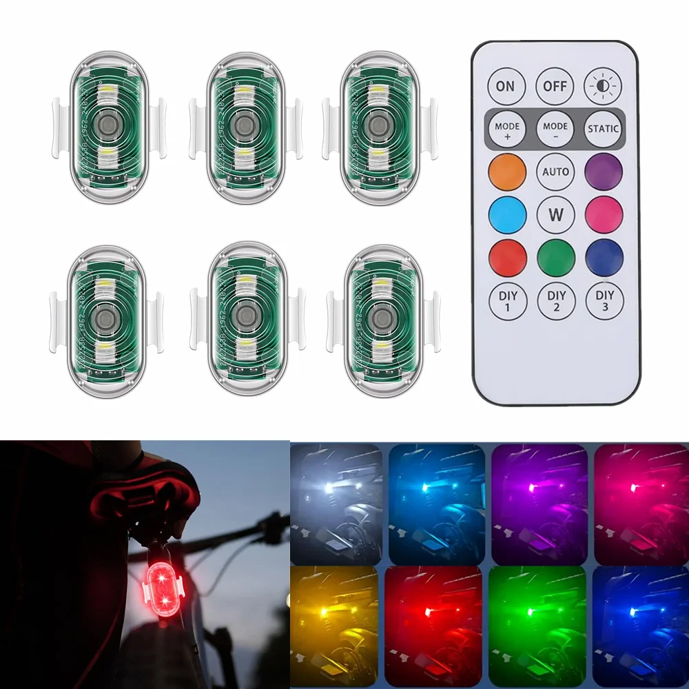 6PCS Wireless Remote Control LED Car Strobe Light for Motorcycle Drone Car Bike Anti-collision Warning Light Flash Indicator