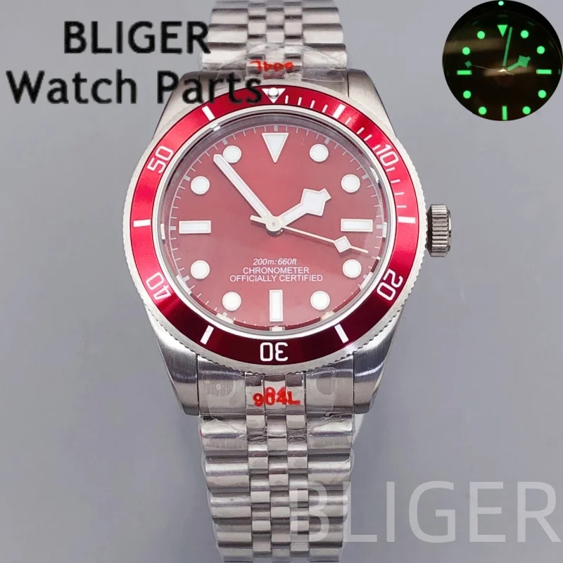 BLIGER 2025 39mm Men's NH35 Automatic Wristwatch Domed Sapphire Glass 100m Diving Retor Wine Red Dial Luminous Men's Watches