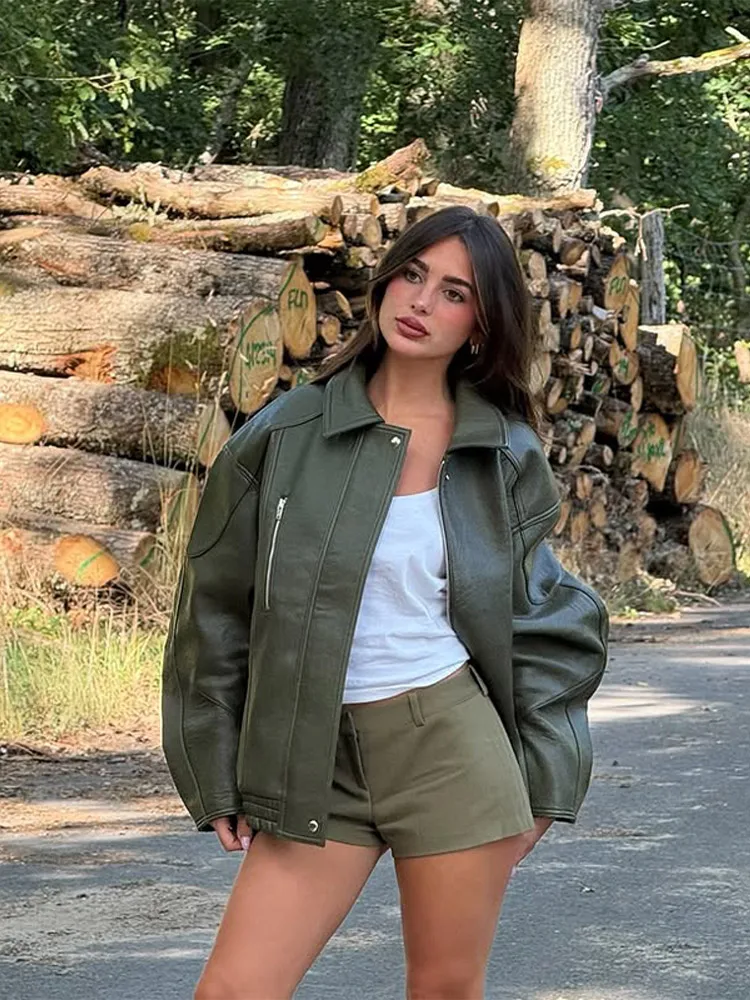 Leren damesjasje met lange mouwen, ritssluiting, elastische zoom, knoopzak, effen vrouwelijke jassen, herfst, high street jassen, dames