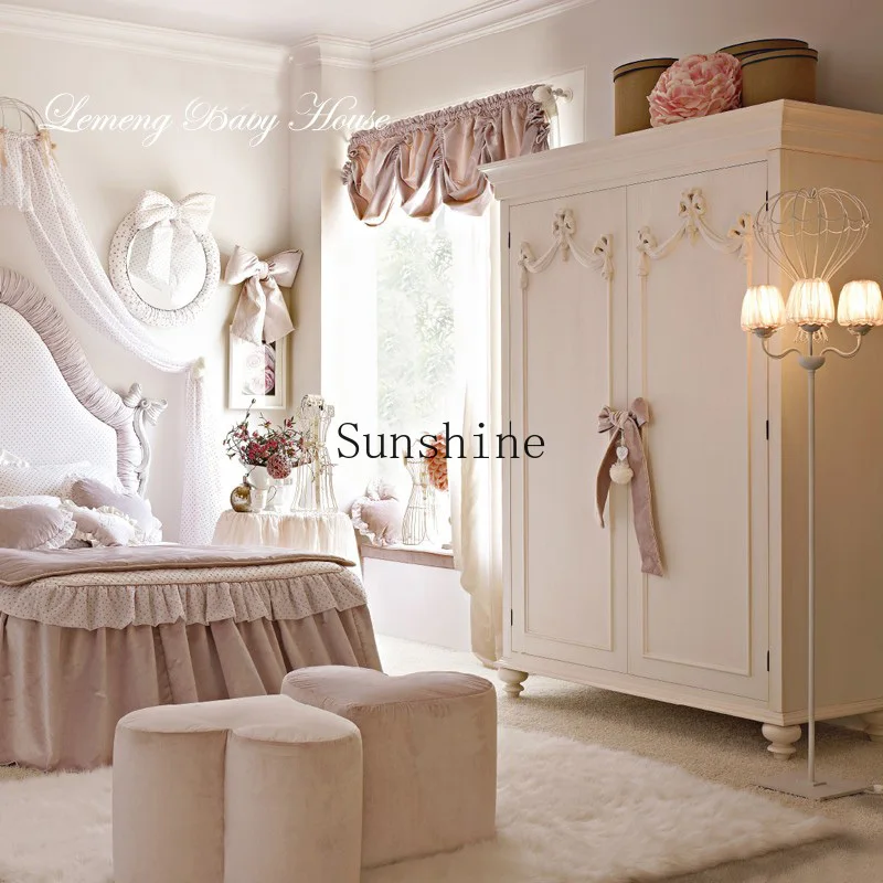 

European simple modern solid wood children's wardrobe bedroom storage princess bow storage
