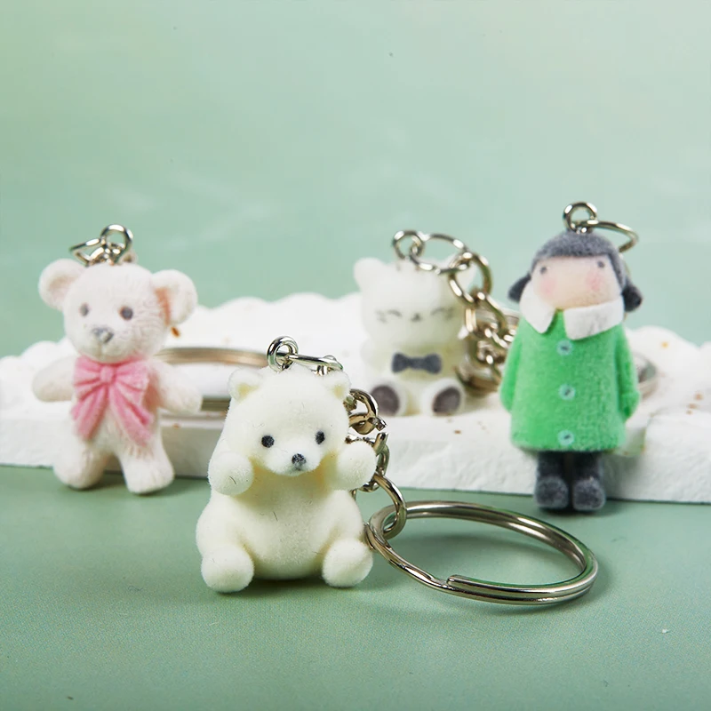 1PC 3D Cartoon Flocking Bear Keychain Bear Key Ring Animal Key Chains Souvenir Gifts For Women Men Car Keys DIY Jewelry