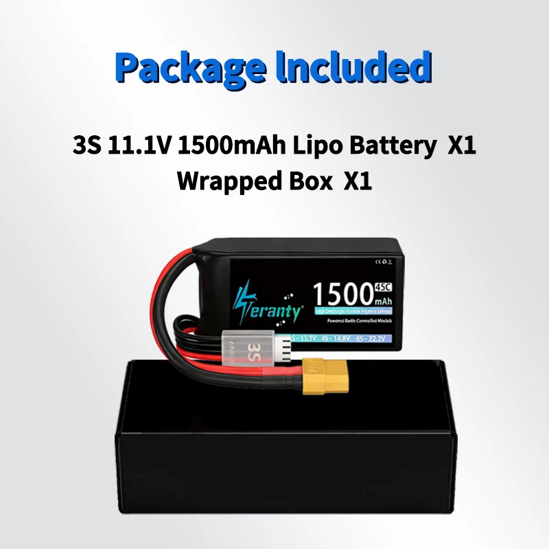 Batteria Lipo TERANTY 2S 3S 4S 1500mAh 7.4V 11.1V 14.8V 45C con Connettori T/XT30/XT60 per Auto RC, Camion, Buggy, Drone FPV, Elicottero, Aeroplano