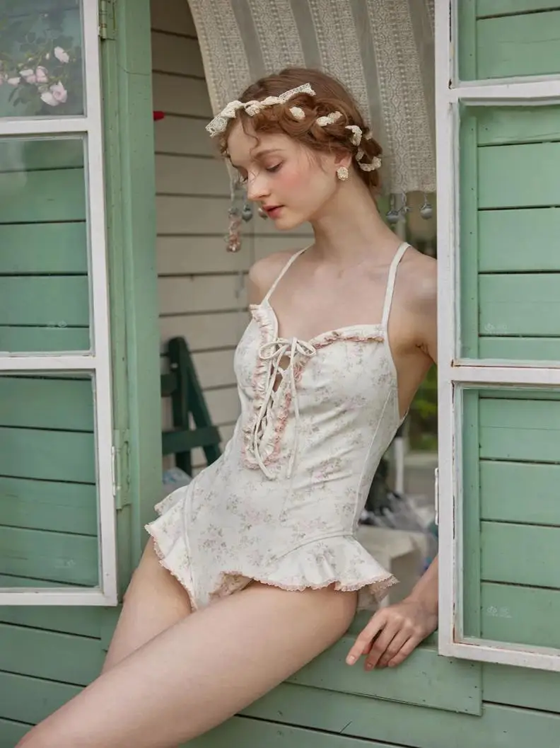 

Романтический пляжный термокупальник с кружевной отделкой, цельный, женский, класса люкс, с цветочным принтом, повседневный купальный костюм