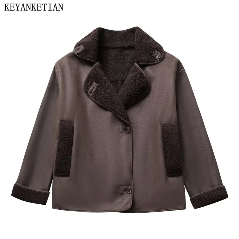 

KEYANKETIAN Winter New Women's Double Faced Fur Fleece Jacket Crop Coat Fashion Retro Button-up Padded Thick Warm Outerwear Top