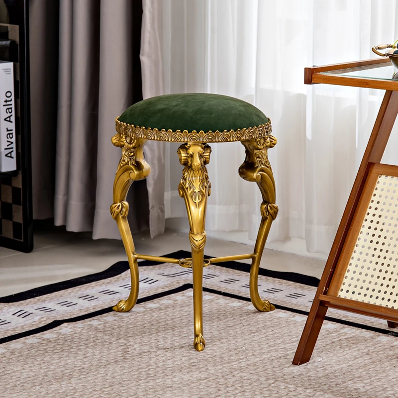 

French brass dressing stool retro sheep head makeup stool American cowhide guzheng bedroom high-end brass high