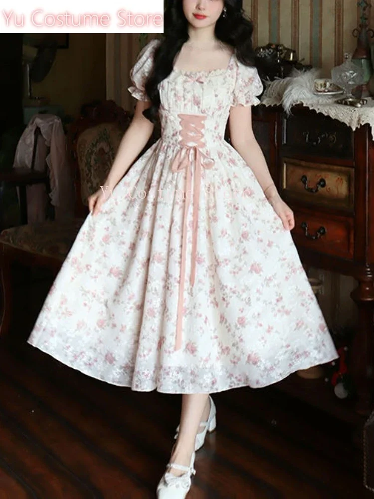 

Yu Summer Lace Korean Fairy Dress Women Square Collar Princess Kawaii Floral Midi Dress Female Bandage Sweet Dresses Fashion