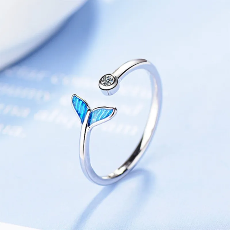 New Creative Beautiful Sweet Blue Fishtail 925 Sterling Silver Jewelry Fashion Fish Crystal Personality Opening Rings  R070
