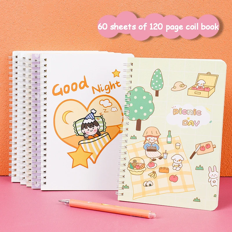 CHEN LIN A5 Cute Cartoon Coil Notebook Binder Spiral Coil Book Cartoon 60Sheet Thicken Notepad Girl Heart Student Diary Notebook