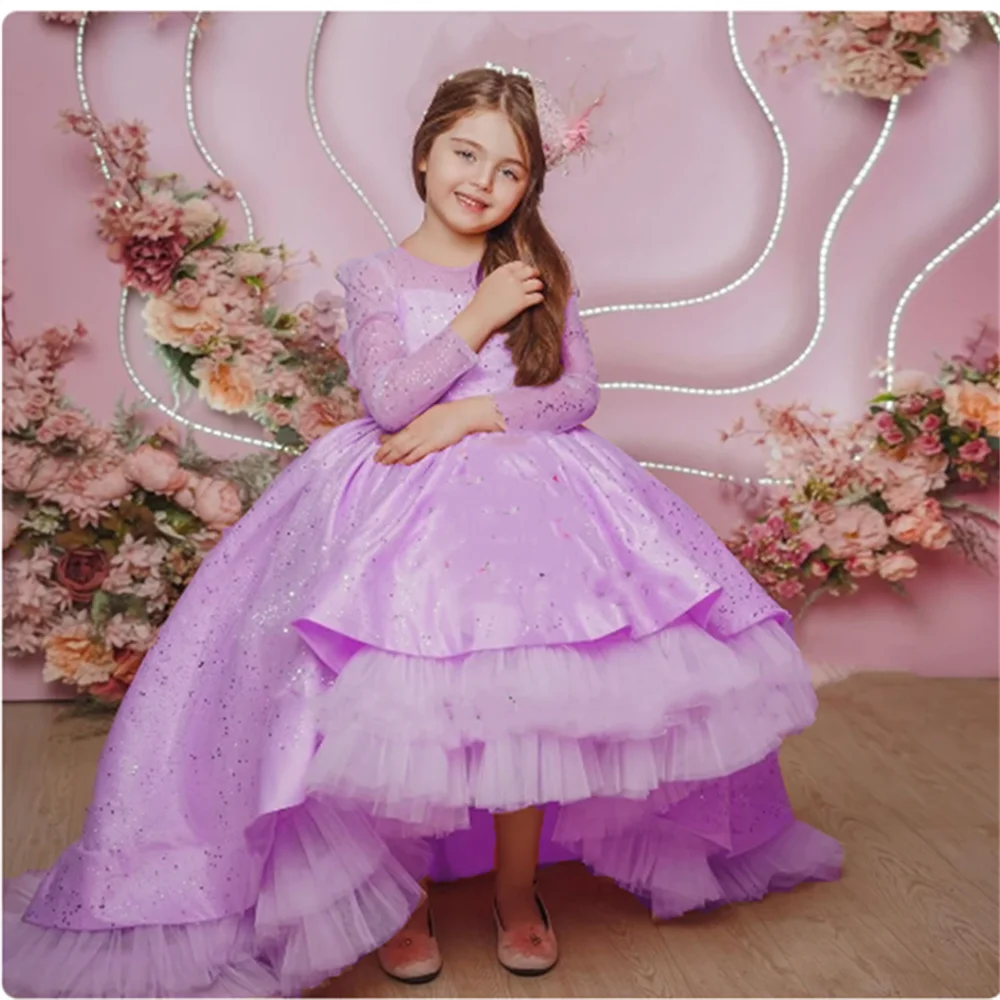 

Flower Girls Dresses for Kids 2024 Summer Tiered Full Sleeve Glitter First Communion Birthday Ball Party Gowns Court Train