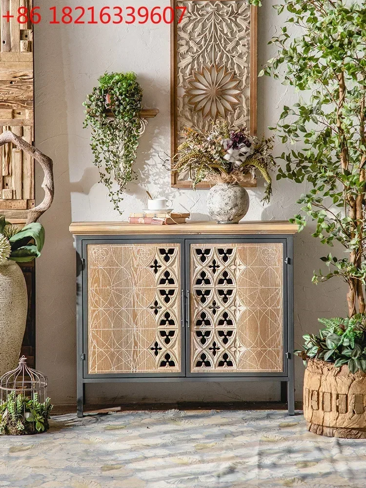 TAO American-Style Solid Wood Vintage Engraving Curio Cabinet Low Cabinet Living Room Wall Home Iron