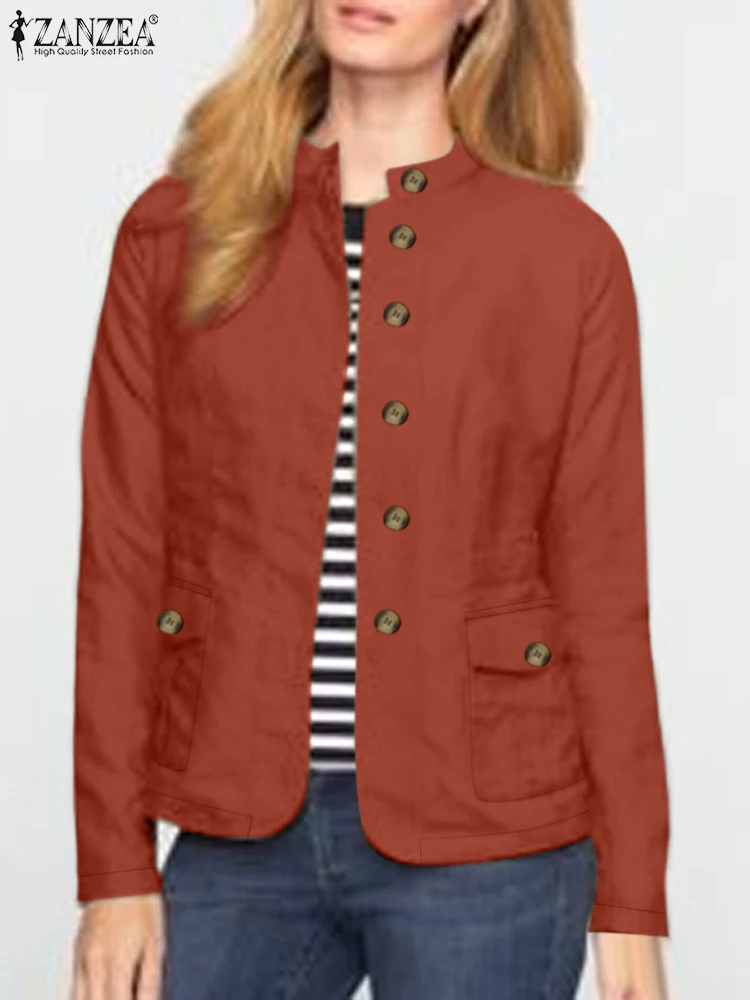 Zanzea Vrouwen Herfst 2024 Cargo Jacks Lange Mouw Casual Losse Knoop Up Opstaande Kraag Chaqueta Werkkleding Effen Mode Outwear