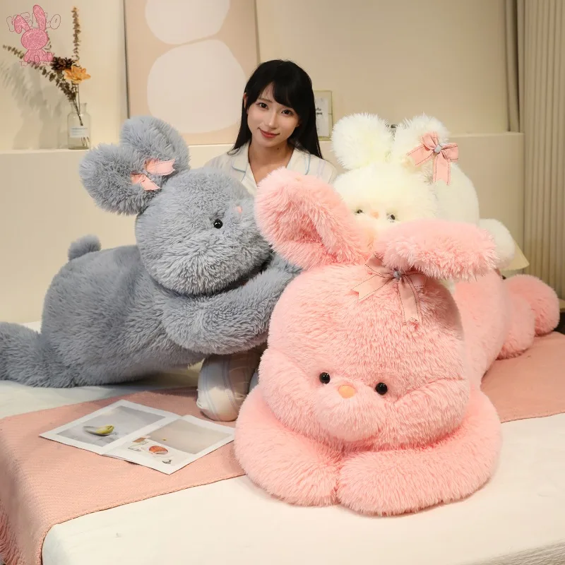 Ogromny, uroczy królik pluszowy z dużymi uszami i różową kokardą, miękki, puszysty, do przytulania, zabawka do dekoracji domu, na sofę, łóżko, prezent urodzinowy dla dziewczynek i dzieci.
