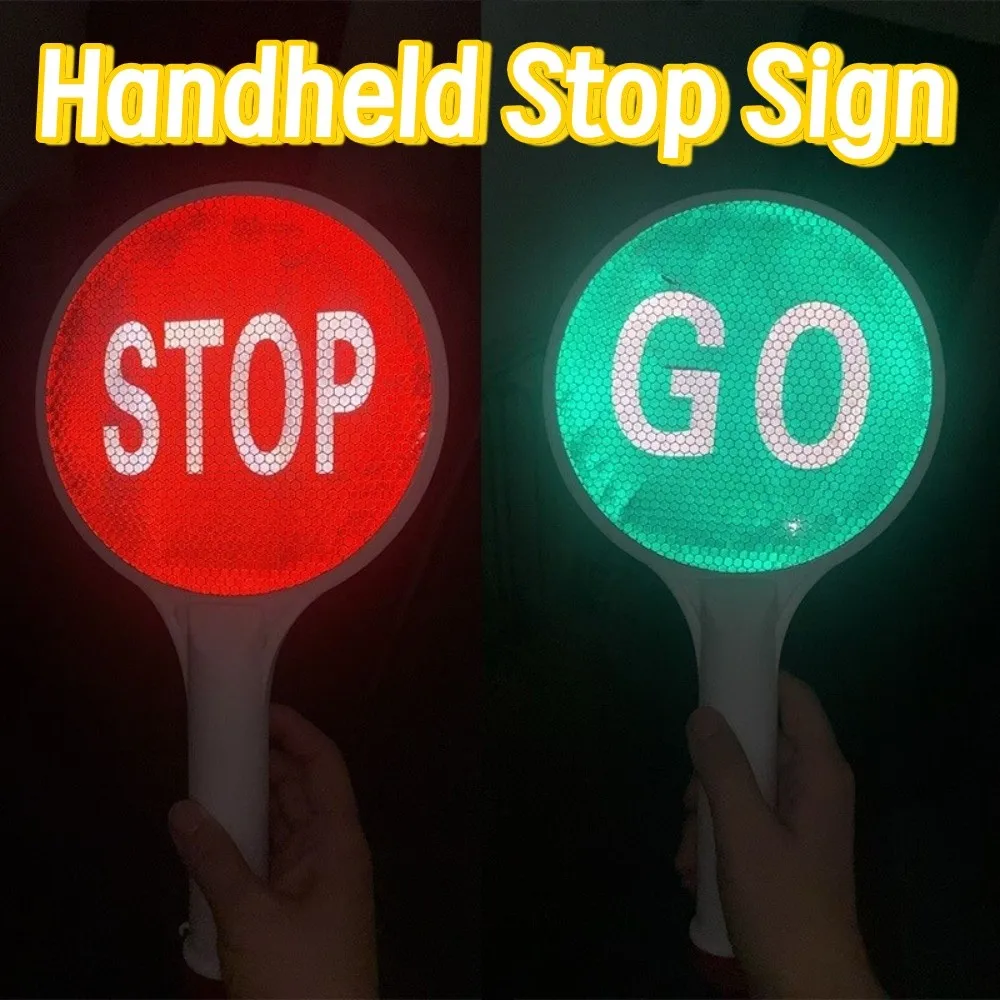 Double-Sided Handheld Stop Sign Portable Reflective Traffic Warning Sign Red Green Round Road Safety Sign Student Crosswalk