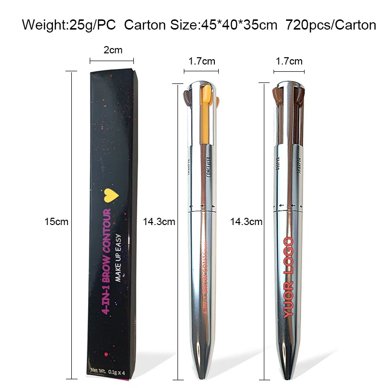 Caneta de maquiagem 4 em 1, substituição automática de lápis de sobrancelha de quatro cores, rótulo privado e envio direto