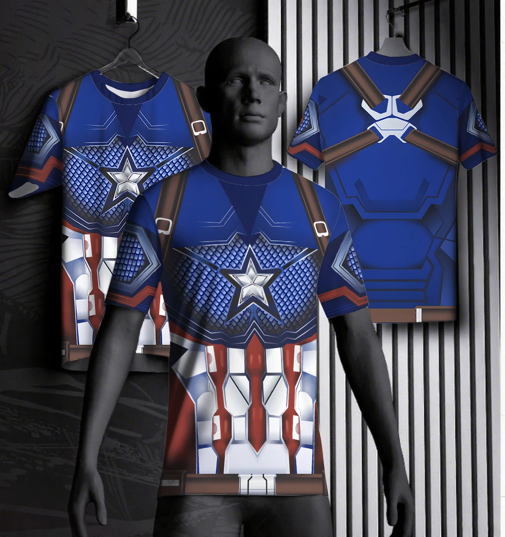 

Marvel Superhero Captain America Five Pointed Star Print Blue Red And White Tri Color Halloween Cosplay Round Neck T-Shirt