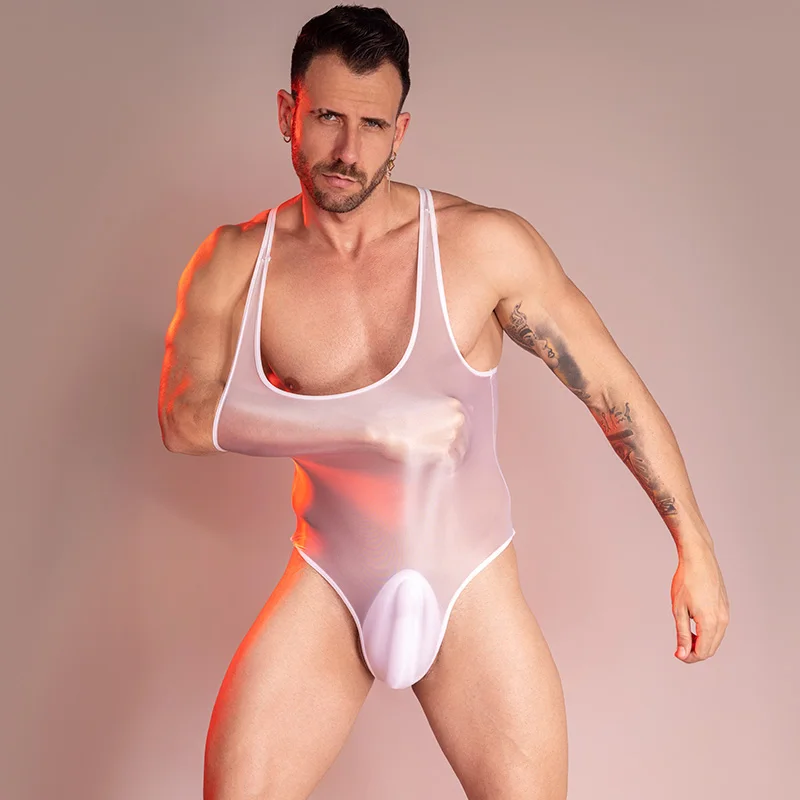 Sexy Bodysuit Oil Glossy Sheer Bodysuit Men Sleeveless See Through Jumpsuit Playsuit Male Undershirt Adult XXX Sex Porno Costume